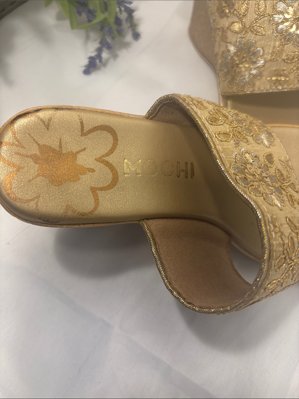Embroidered Metallic Gold Slide Mules with Toe Loop - Picture 6 of 7